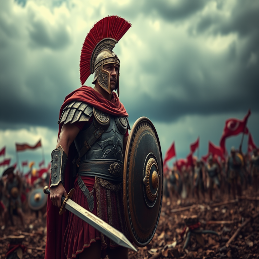 Create a dramatic scene of a fierce Roman gladiator standing amidst a battlefield, equipped with a sword and shield, wearing detailed armor and a red cape, under a stormy sky, captured with a DSLR camera at f/2.8 aperture, ISO 100, shutter speed 1/250s, in a low-angle view to emphasize power and strength, using a cinematic style for enhanced contrast and texture.