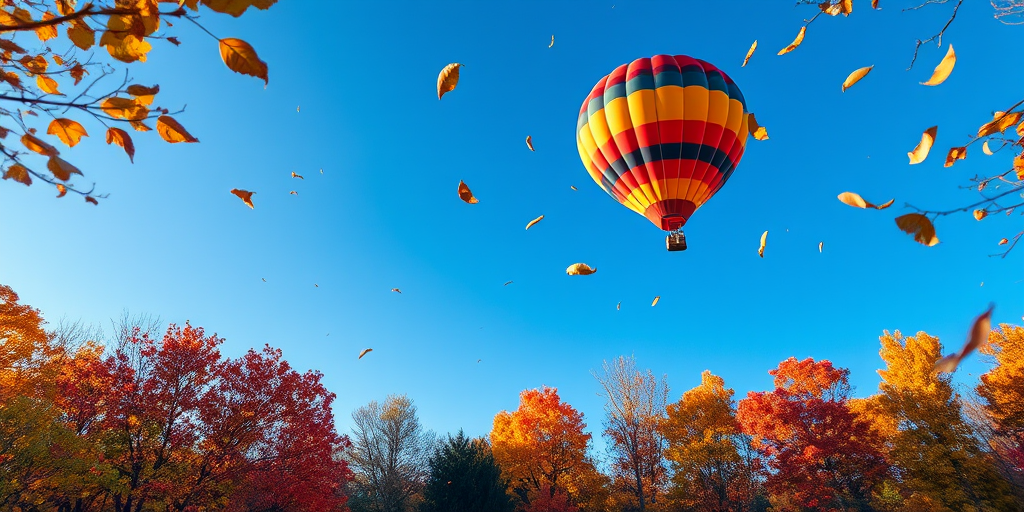 Create an image of a colorful hot air balloon soaring over a vibrant autumn landscape with trees in shades of orange, red, and yellow, capturing falling leaves against a clear blue sky, using a Canon EOS R5, f/8 aperture, 1/250 sec shutter speed, ISO 100, in a wide-angle view for depth.