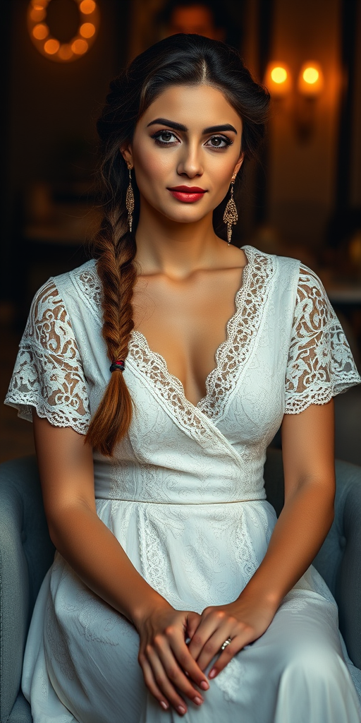 Create a portrait of a refined and elegant Kurdish woman seated in a sophisticated setting. She has long, wavy hair styled in two thick braids that are pulled over her shoulders. She wears a white, lace gown with intricate patterns, featuring a deep V-neckline and short sleeves. The dress exudes a vintage charm with its delicate lacework. She is adorned with ornate, dangling earrings that add a touch of glamour to her appearance. The background is softly lit, with warm, ambient lighting that creates a cozy and inviting atmosphere. Her expression is poised and serene, capturing a sense of grace and elegance.
