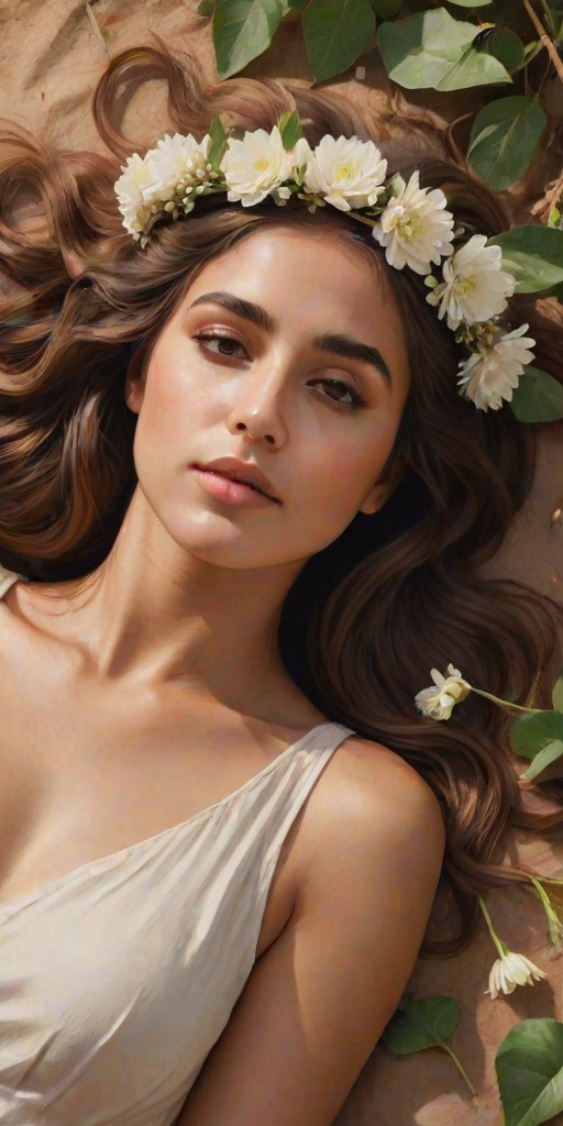 create a watercolor painting of an ethereal portrait of beautiful Chaldean woman with a simple white flower crown on her head. Her hair is long and she is lying on the ground. The sunlight on the trees casts shadows from the leaves on her face and body. The background is a neutral brown color that matches her skin tone. The image is minimalist and solid colors. This style is characterized by soft, delicate brushstrokes and a light, airy, contrasting color palette. High level of detail and play of light
