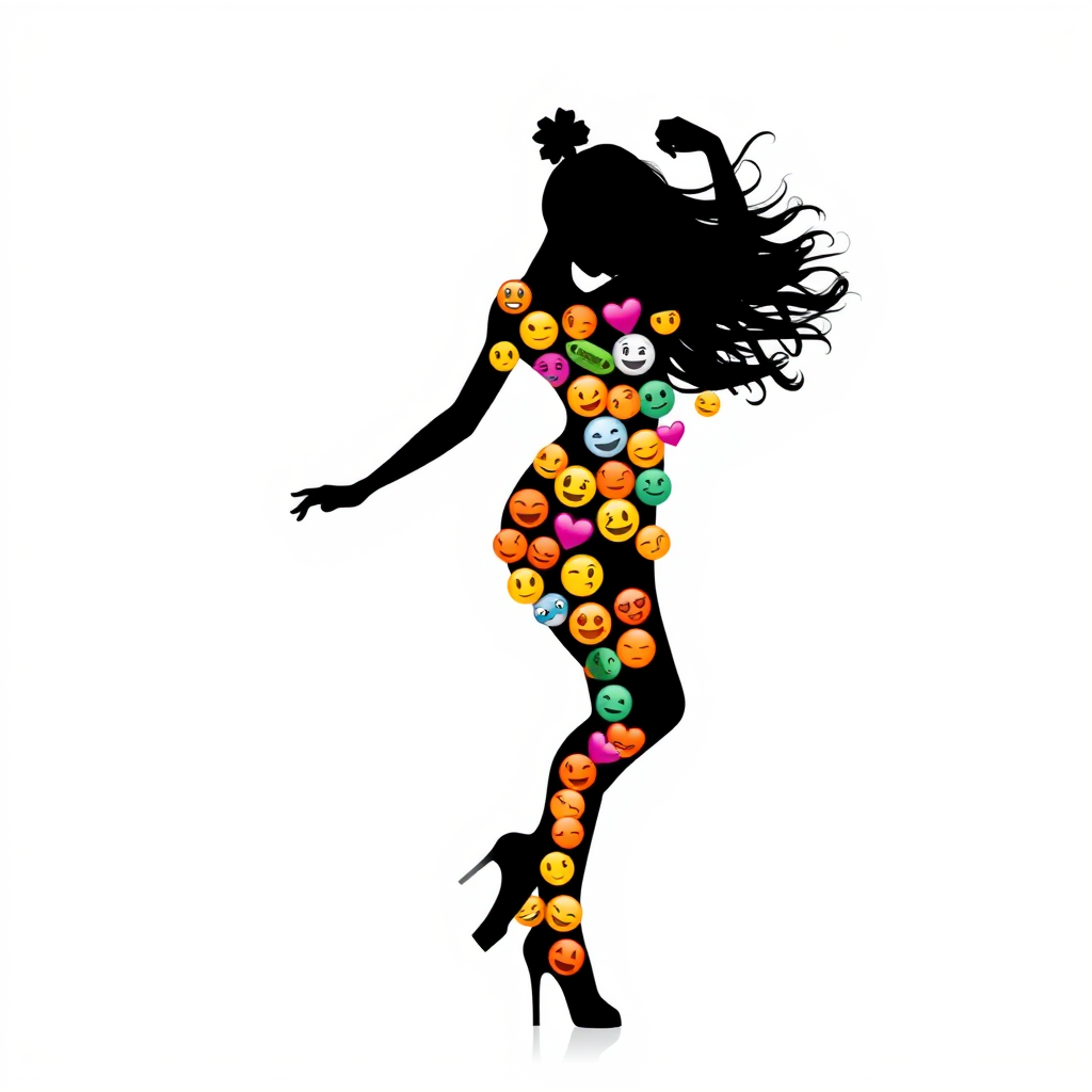 Create a vibrant silhouette of a dancer filled with colorful emojis on a white background, using a Canon EOS R5 with a 50mm f/1.2 lens, aperture set to f/2.8, shutter speed at 1/250s, ISO 100, in a high-resolution digital format, ensuring sharp details and vivid colors.