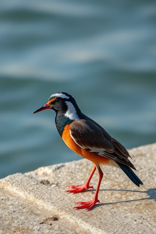 A sharp photograph of a bird standing on a textured surface by the water, with vibrant colors, taken with a DSLR camera, aperture f/4, shutter speed 1/1000, ISO 200, focus on the bird, shallow depth of field to blur the background.