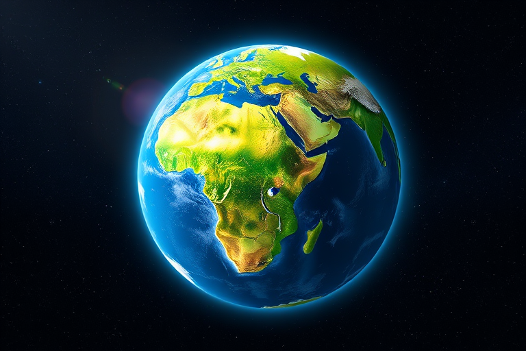 Create a vibrant illustration of Earth with lush green continents and bright blue oceans, using a wide-angle lens at f/8, ISO 100, and a shutter speed of 1/125, with a digital art style to enhance clarity and detail.