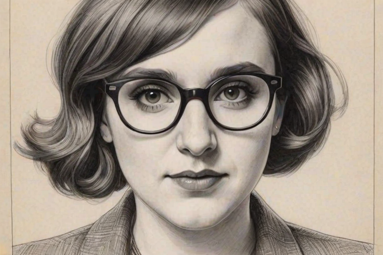 Lovely Lena Dunham, pencil sketch, portrait of Charming woman 1928s in glasses, hair style beatnik, outline, clear lines, fine lines, 8k