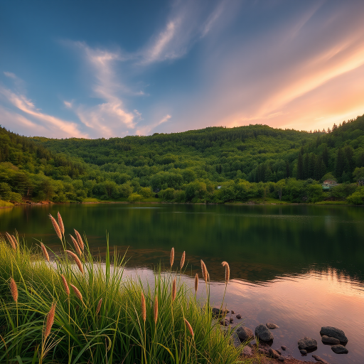 Generate a high-resolution image of a serene landscape featuring a tranquil lake and lush greenery during golden hour, captured with a Canon EOS R5 at f/8, ISO 100, shutter speed 1/200s, using a wide-angle lens from a low angle perspective for depth.