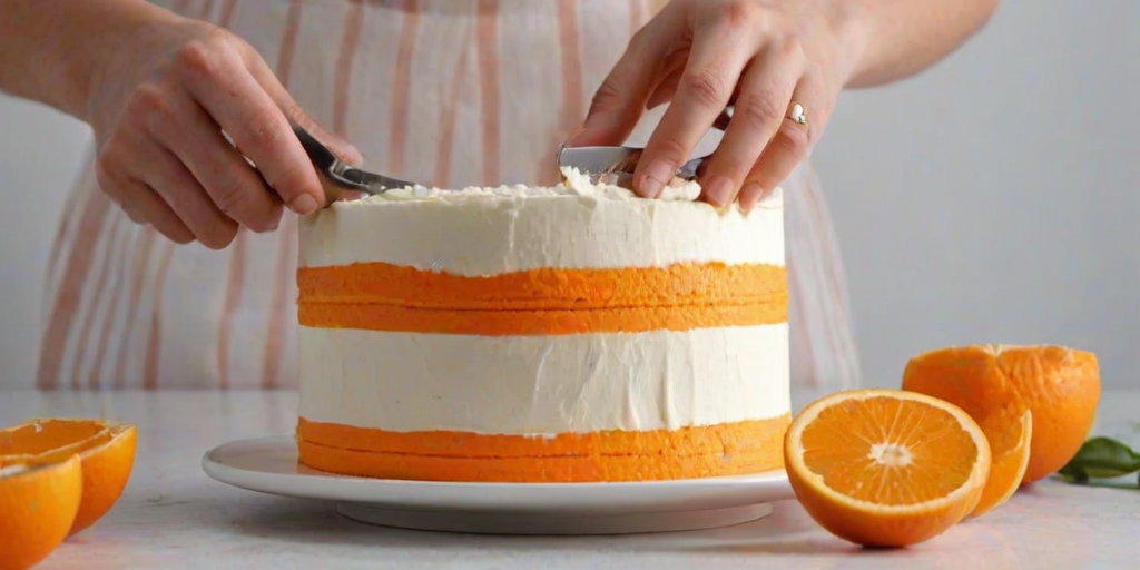 Generate an image of a person using a cake slicer to cut a layered orange and white striped cake. The cake should have a smooth finish with decorative frosting on top. The background should be bright and minimalistic, highlighting the cake and the action of slicing.