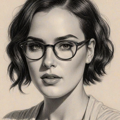 Attractive Rumer Willis, pencil sketch, portrait of Stunning woman 1928s in glasses, hair style beatnik, outline, clear lines, fine lines, 8k