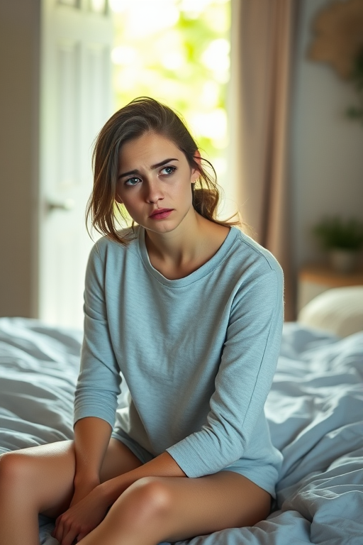 Create a portrait of a young woman sitting on a bed with a worried expression, natural light streaming from a doorway in the background, shot with a Canon EOS R5, 50mm lens, aperture f/1.8, ISO 200, soft focus background.