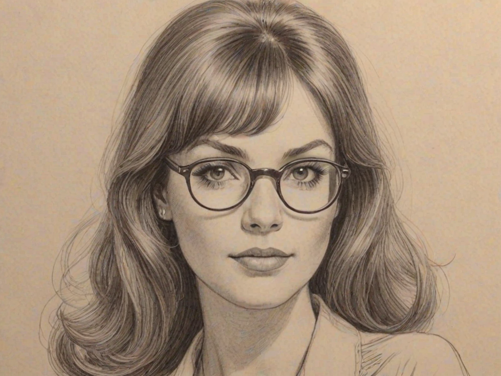 Bewitching Karen Valentine, pencil sketch, portrait of Fetching woman 1969s in glasses, hair style beatnik, outline, clear lines, fine lines, 8k