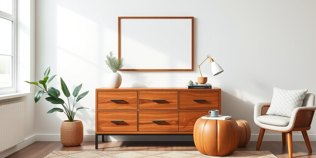 interior design of a modern living room featuring a wooden console table with drawers, a blank framed picture above, a potted plant, a round wooden stool, and books on top of the stool, natural lighting, shot with a 50mm lens at f/2.8, ISO 200, shutter speed 1/60 sec, wide-angle view, using a DSLR camera for high detail and clarity