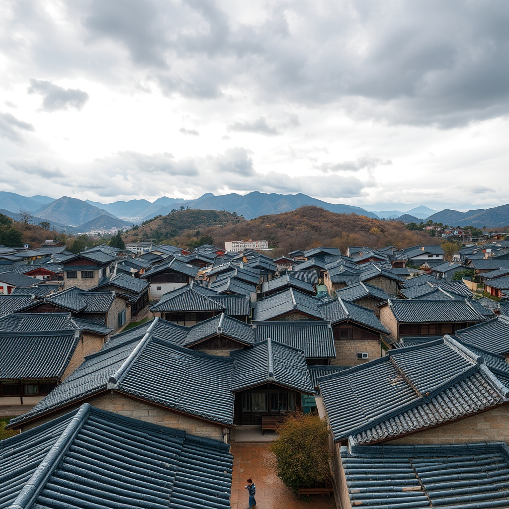 capture an aerial view of traditional Korean rooftops in a historical village surrounded by mountains under a cloudy sky, daytime settings, camera settings: ISO 100, aperture f/8, shutter speed 1/250s, wide-angle lens, DSLR camera, high dynamic range imaging for enhanced color and detail