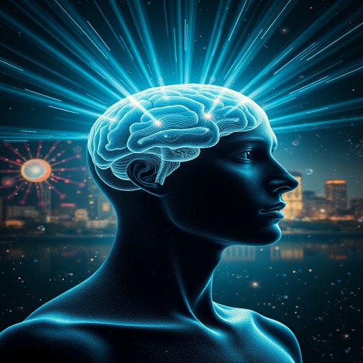 Generate a high-resolution, surreal image of a human figure with a luminous brain emitting light rays and wave patterns, using a 50mm lens, f/1.8 aperture, ISO 200, shot from a slight low angle to emphasize the figure against a cosmic background, in a digital art style.