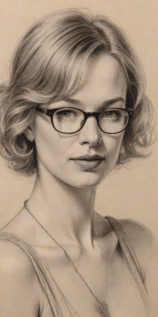 Alluring Rene' Zellweger, pencil sketch, portrait of Delightful woman 1923s in glasses, hair style beatnik, outline, clear lines, fine lines, 8k