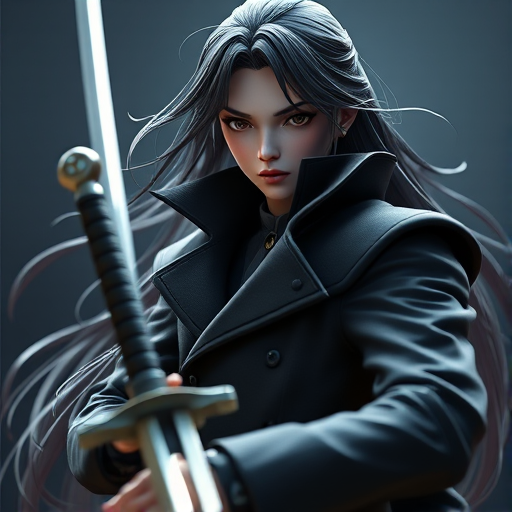 Generate a highly detailed 3D rendering of a character with long, flowing hair wearing a sleek black coat, holding a sword, captured from a low-angle perspective with a focal length of 50mm, aperture set to f/2.8 for a shallow depth of field, using a DSLR camera with soft lighting and high-definition textures to enhance realism.