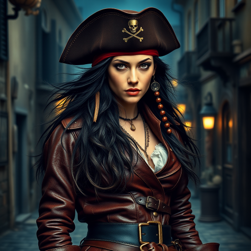 Create a portrait of a fierce female pirate. She wears a leather tricorn hat adorned with a skull and crossbones emblem, and her long, dark hair flows around her face. Her outfit consists of a richly detailed leather jacket, a corset, and multiple layers of belts and accessories, giving her a formidable and stylish appearance. She stands confidently in a dimly lit, historic port town, with a backdrop of weathered buildings and cobblestone streets, capturing the adventurous spirit of a pirate.
