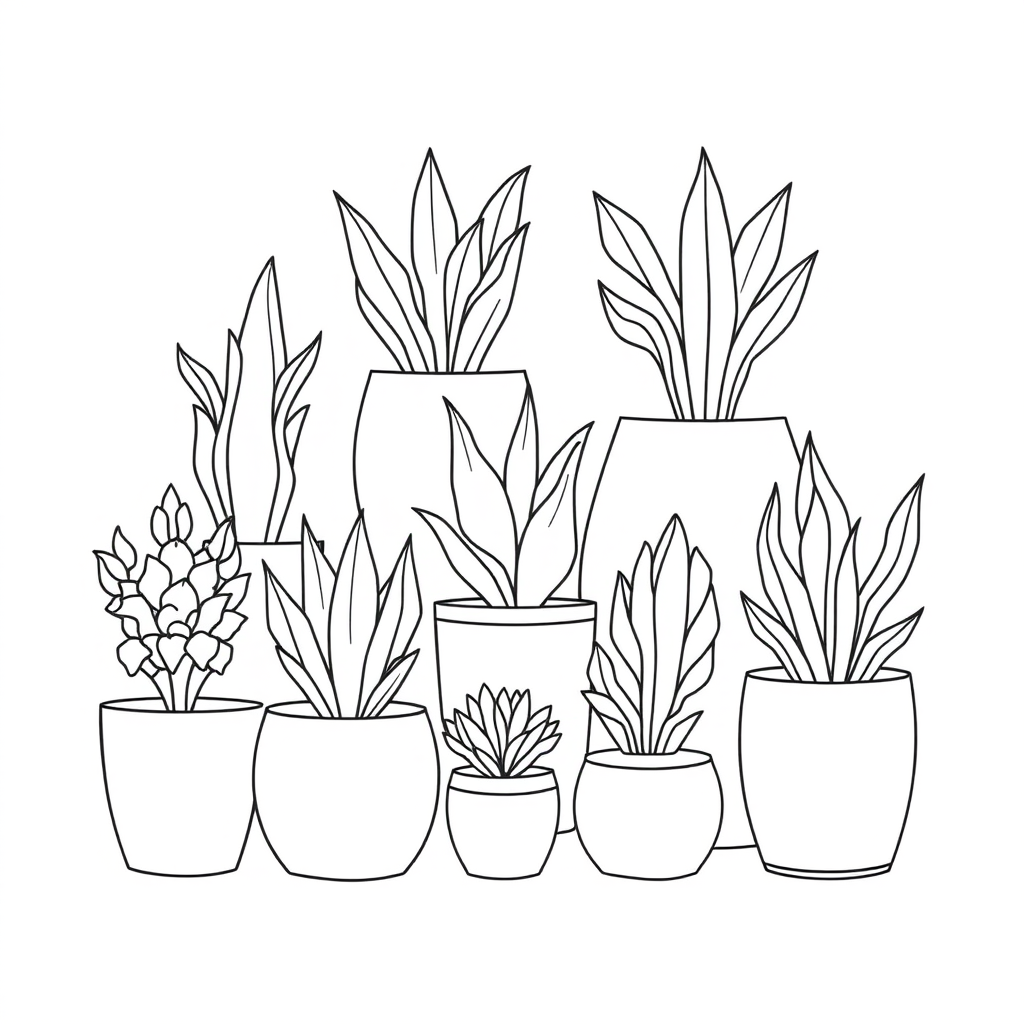 draw a collection of various potted plants and succulents in a minimalist line art style on a white background