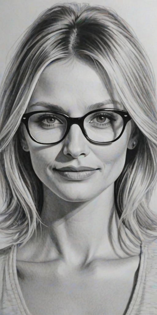 Beautiful Cameron Diaz, pencil sketch, portrait of beautiful woman 60s in glasses, hair style beatnik, outline, clear lines, fine lines, 8k