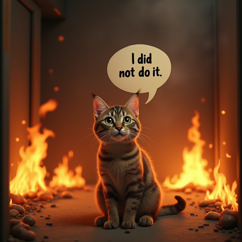 Photorealistic image of an innocent-looking cat sitting calmly in the middle of a burning room. Flames engulf the room, with fire licking up the walls and smoke filling the air. The cat is sitting on the floor, looking directly at the viewer with wide, innocent eyes. Above the cat, a speech bubble says "I did not do it" The contrast between the cat's calm demeanor and the chaos around it creates a humorous and surreal scene.
