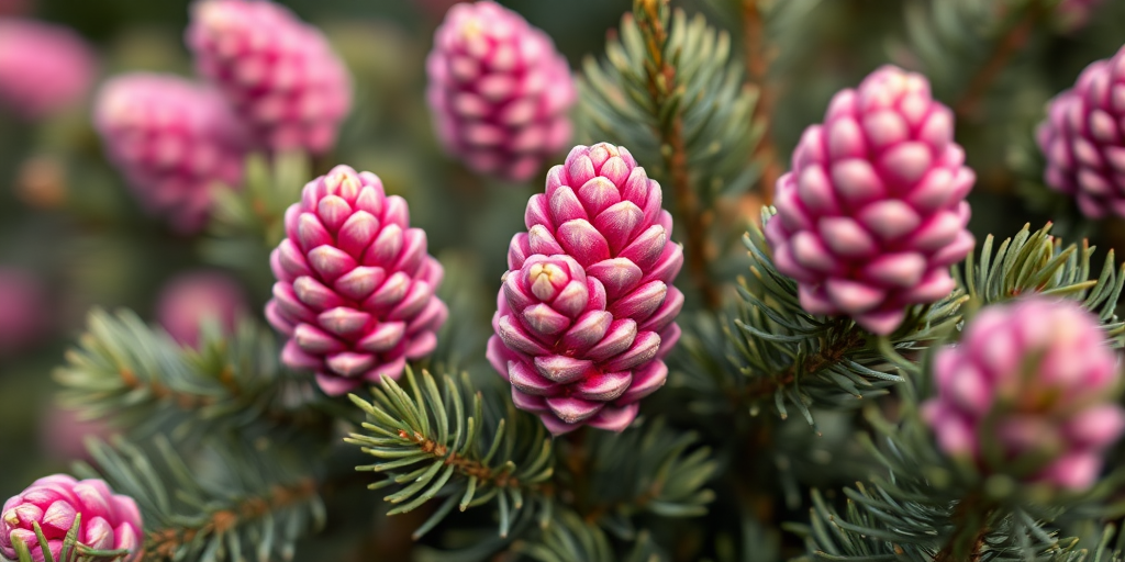 Capture a close-up of the pink cones on evergreen trees with a shallow depth of field, using a DSLR camera, 50mm lens, f/2.8 aperture, ISO 200, and natural light to emphasize the texture and colors.