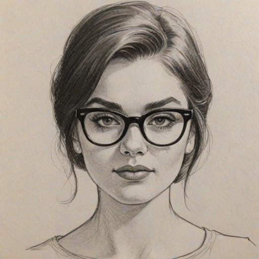Delightful Sabrina Dhowre, pencil sketch, portrait of Sublime woman 1963s in glasses, hair style beatnik, outline, clear lines, fine lines, 8k