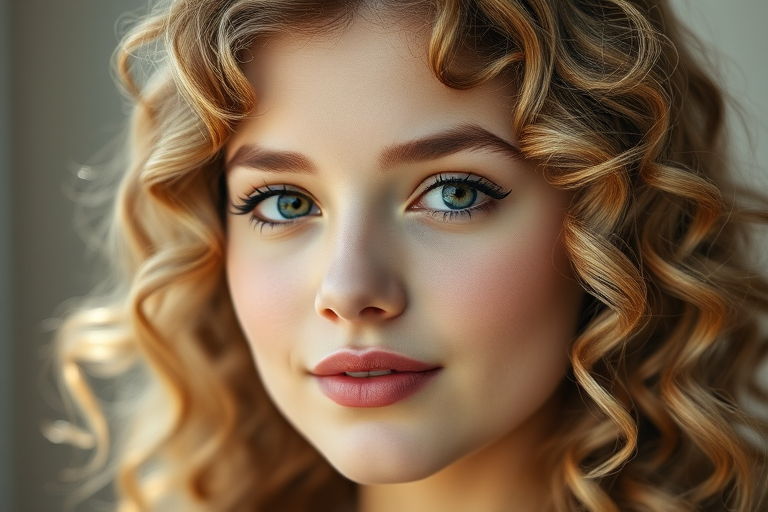 portrait of a young woman with curly blonde hair and natural makeup, soft natural light, shallow depth of field, 50mm lens, aperture f/1.8, ISO 100, DSLR camera, gentle bokeh background