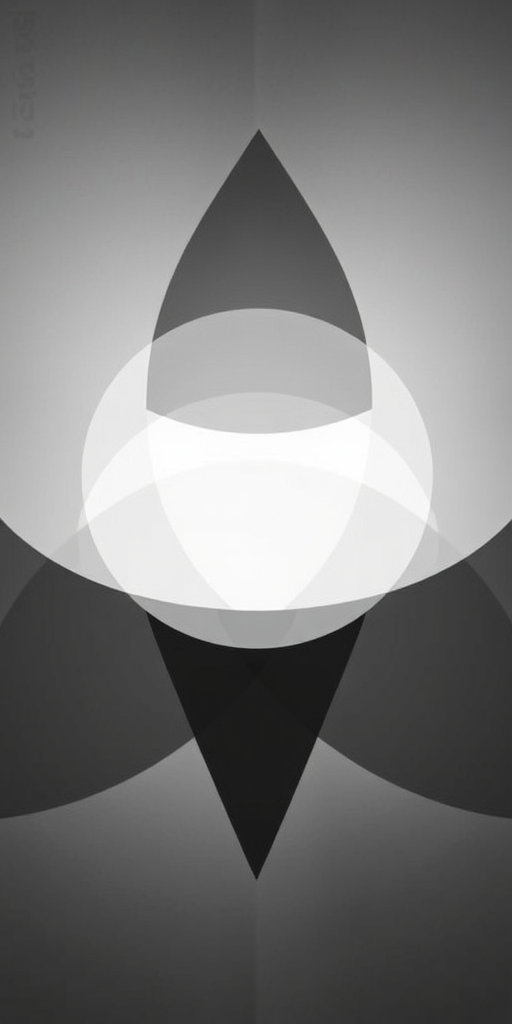 Create an abstract geometric design featuring overlapping circles and triangles in a monochromatic color scheme, shot with a Canon EOS R5 at f/8, ISO 100, 50mm lens in high dynamic range style, top-down perspective.