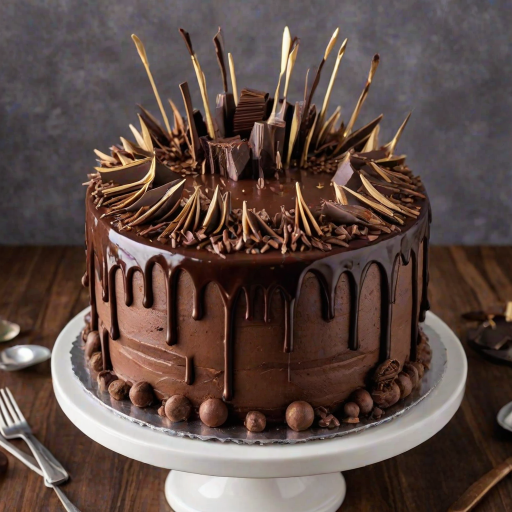 Create an image of a decadent chocolate cake with multiple layers. The cake should be adorned with rich chocolate frosting and topped with chocolate shards arranged in a fan shape. Include a glossy chocolate drip around the sides and sprinkle chocolate shavings on the base. Make the overall presentation elegant and indulgent.