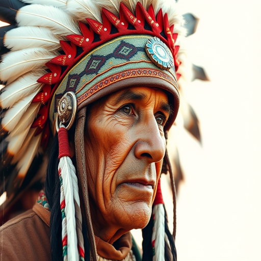 Create a high-resolution image of a Native American chief wearing a traditional feathered headdress, captured with a DSLR camera at f/2.8 aperture, 50mm lens, ISO 100, natural lighting, in a close-up view with a warm color palette and textured brushstroke effect.
