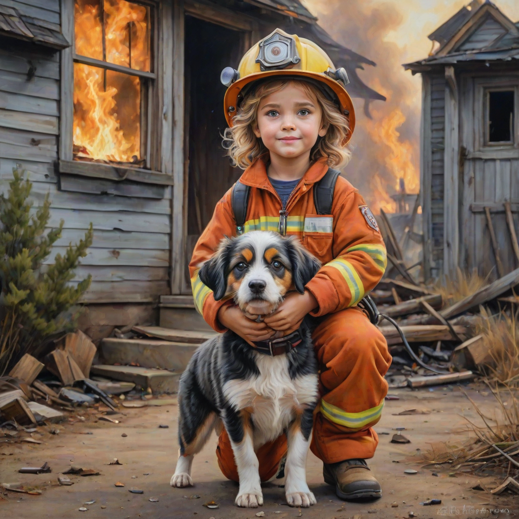 airbrushed oil painting, pixar style, cute little girl in fireman gear, helmet, tousled hair, expressive eyes, standing in the doorstep of a cottage burning behind him, holding a cute little dog in her arm, atumn sky