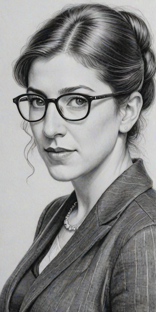 Dazzling Mayim Bialik, pencil sketch, portrait of Magnificent woman 1932s in glasses, hair style beatnik, outline, clear lines, fine lines, 8k