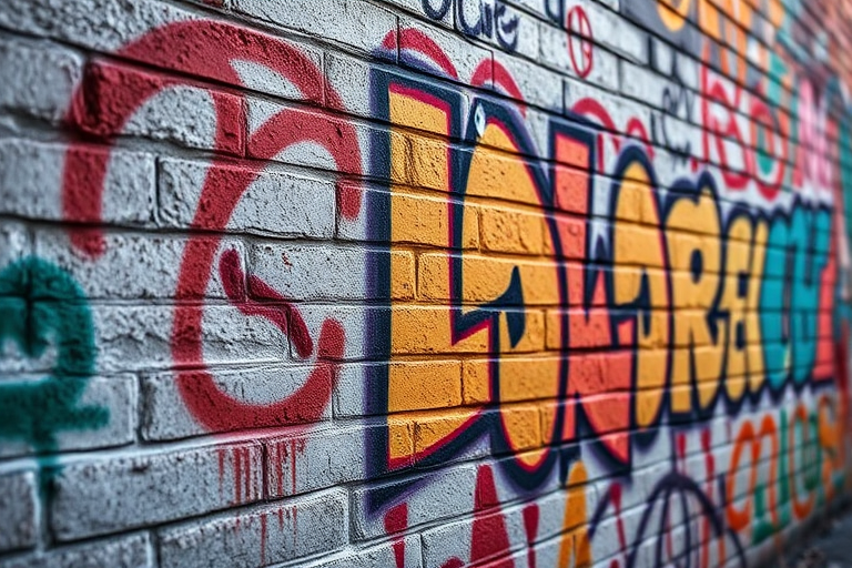Graffiti on a textured brick wall with vibrant colors, shot with a Canon EOS 5D Mark IV at f/8, 1/200s, ISO 200, in natural light, with a shallow depth of field to enhance color contrast and detail.