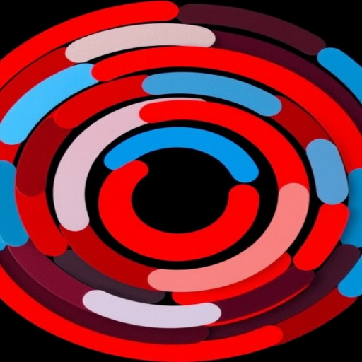 Create a vibrant abstract image of concentric circles in bold colors like red, blue, and white on a black background, using a digital camera with a 50mm lens, f/1.8 aperture, ISO 100, 1/60s shutter speed, taken from a straight-on view with a macro style to enhance detail and clarity.