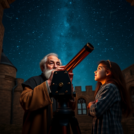 A wise older man and a young girl observing stars through a vintage telescope in a medieval castle with a starry night sky filled with constellations in the background, 50mm lens, f/1.8 aperture, ISO 100, low light photography, DSLR.