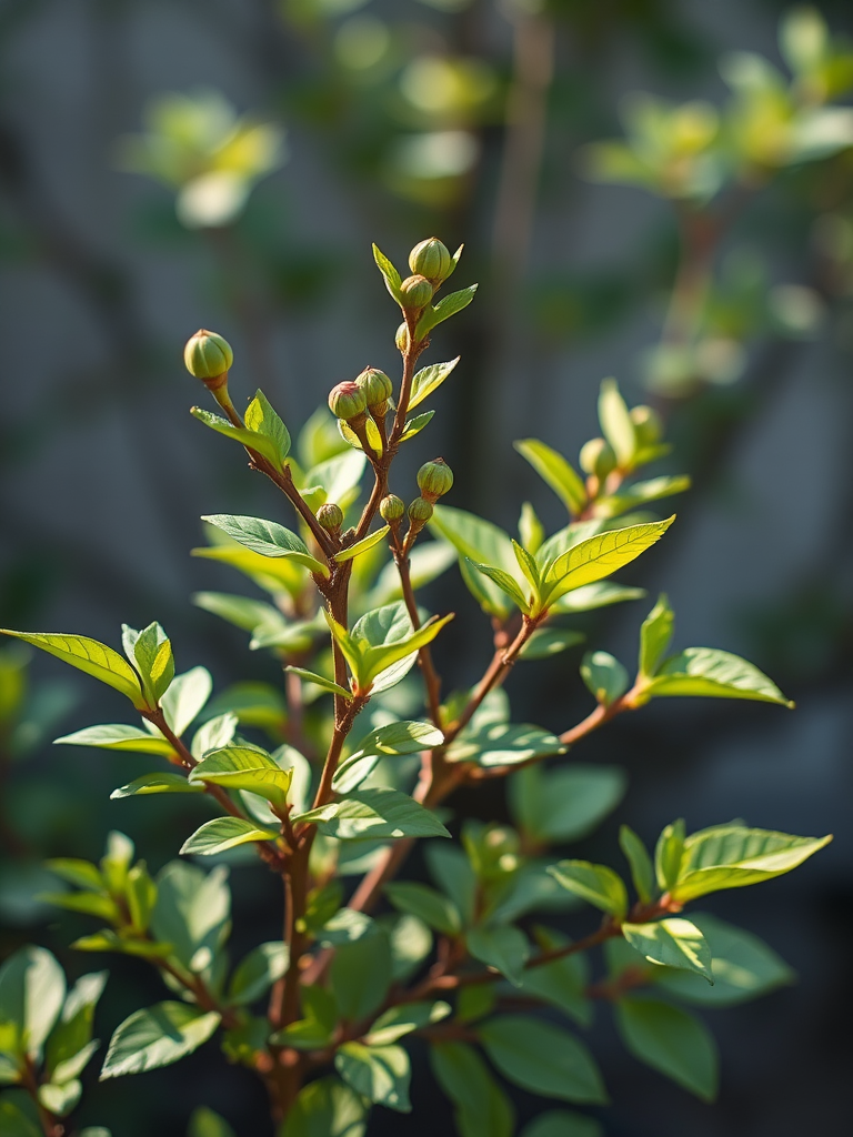 create a detailed illustration of a leafy shrub with multiple stems and vibrant green leaves, use a shallow depth of field with a 50mm lens at f/2.8, soft natural lighting, and a slight tilt-shift effect to enhance focus on the shrub, in a digital art style