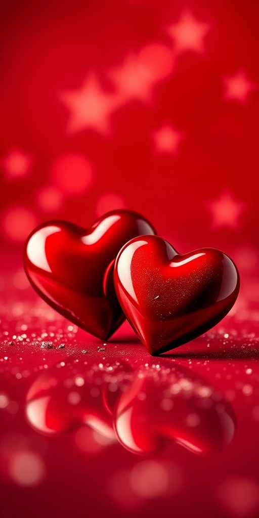 Create an image of two glossy red hearts on a vibrant red background with sparkling stars and swirling light effects, using a DSLR camera with a 50mm lens, aperture set to f/1.8, ISO 100, and a shallow depth of field for enhanced focus on the hearts and a blurred background.