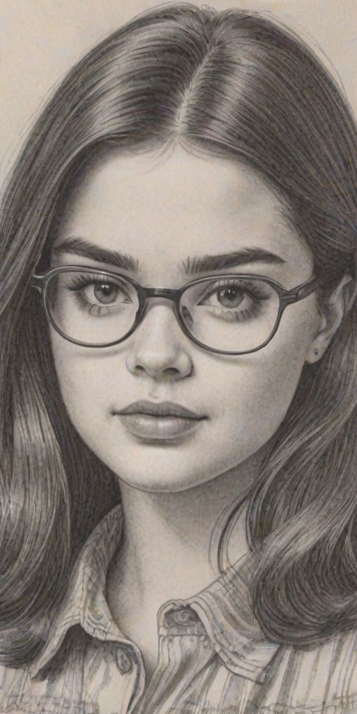 Appealing Barbie Ferreira, pencil sketch, portrait of Delightful woman 1974s in glasses, hair style beatnik, outline, clear lines, fine lines, 8k