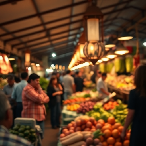 Blurry candid shot of a crowded farmer’s market at dawn, with soft light from hanging lanterns reflecting off fresh produce, and vendors blurred in motion as they set up their stalls.