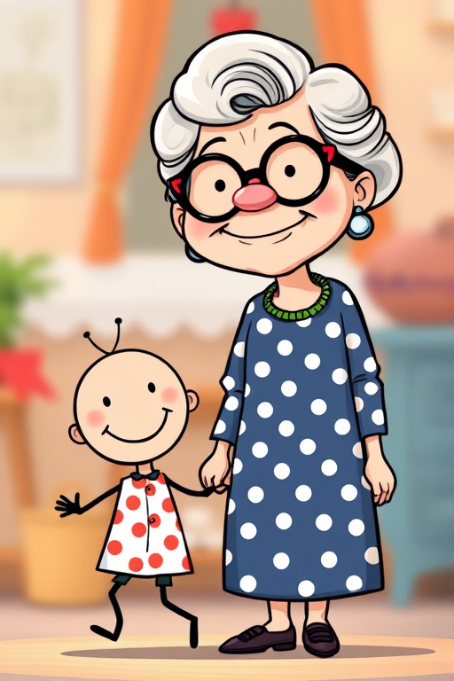Create a high-resolution image of a cartoon style illustration featuring a cheerful grandmother with glasses and a round smile, wearing a polka-dotted dress, holding hands with a playful stick figure child, using a Canon EOS R5 camera with a 50mm f/1.8 lens, aperture set to f/2.8, ISO 200, and a soft focus background for an enhanced depth of field.