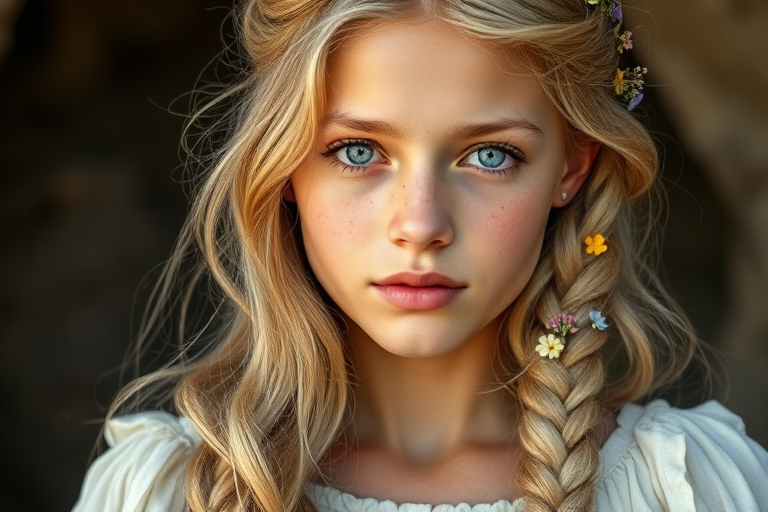 Create an image of a young Guarani woman with long, wavy blonde hair, adorned with small, colorful flowers woven into her braids and loose strands. Her complexion is fair, with soft, glowing skin, and she has light blue eyes that gaze softly at the viewer. She wears a light, flowing dress with a gentle, ethereal quality, complementing her delicate and serene appearance. The background is slightly blurred, drawing focus to her tranquil expression and the intricate details of the flowers in her hair. The overall mood of the image is one of natural beauty and grace, evoking a sense of peacefulness and connection with nature.