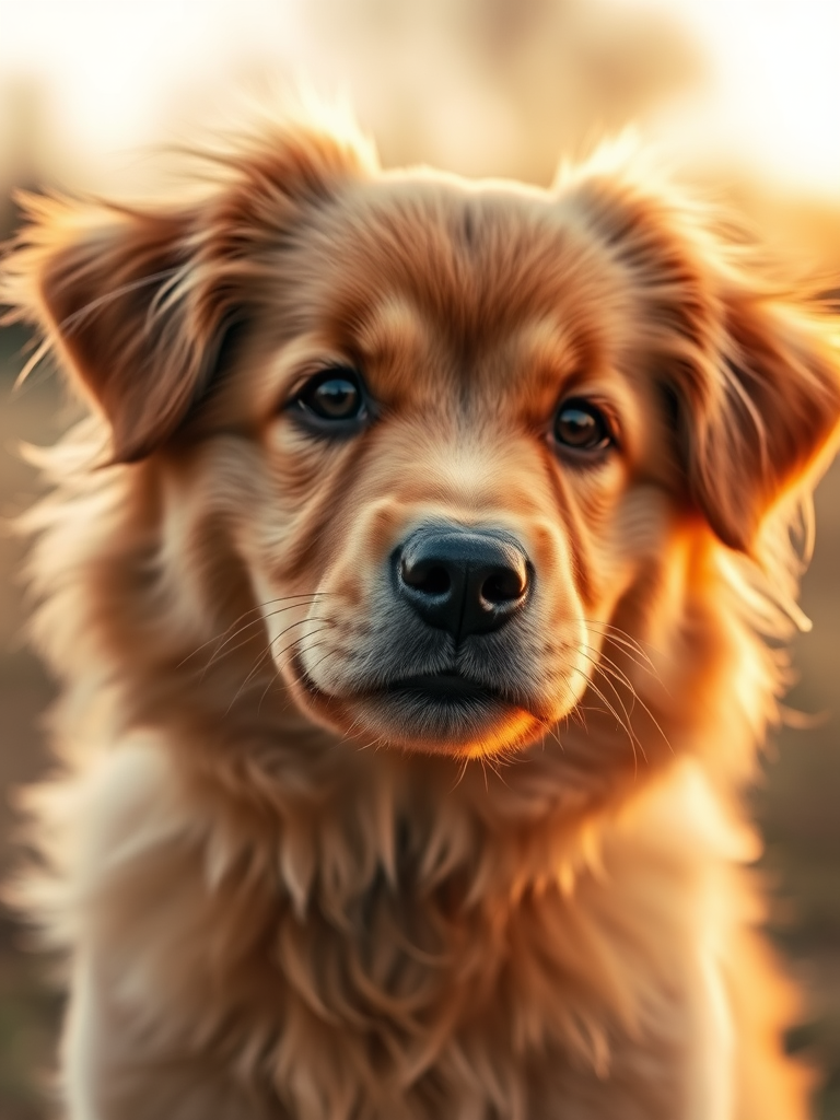 A close-up photo of a fluffy dog with a golden-brown coat, outdoors during golden hour, soft focus background, 50mm lens, aperture f/1.8, ISO 200, shot on a DSLR camera with natural lighting.
