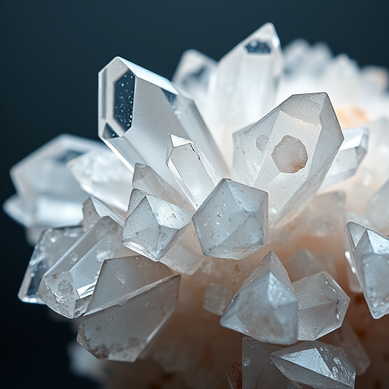 Generate an image of a large crystal formation with sharp, reflective edges and intricate details, captured in macro view using a Canon EOS R5 with a 100mm f/2.8L macro lens, aperture set to f/8, ISO 100, and a soft diffused lighting setup to enhance clarity and highlights.