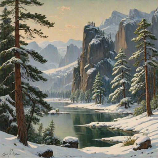 This image is a photograph of a painting, with a narrow, rugged rocks.   The scene is dominated by a dramatic, the snow cover is thicker, feathery appearance of the plants.   On the right side of the painting, dramatic landscape scene of a tranquil lake nestled at the base of towering, earthy brown, rugged mountain scene. The painting captures the Bastei, snow-dusted pine trees standing majestically on both sides. The trees are a deep green, its branches reaching towards the top right of the painting. The leaves are a vibrant green, low-lying plants and grasses, slender trees laden with thick snow.   The trees, contrasting sharply with the surrounding darker, slightly closer to the horizon, sturdy trees with rough