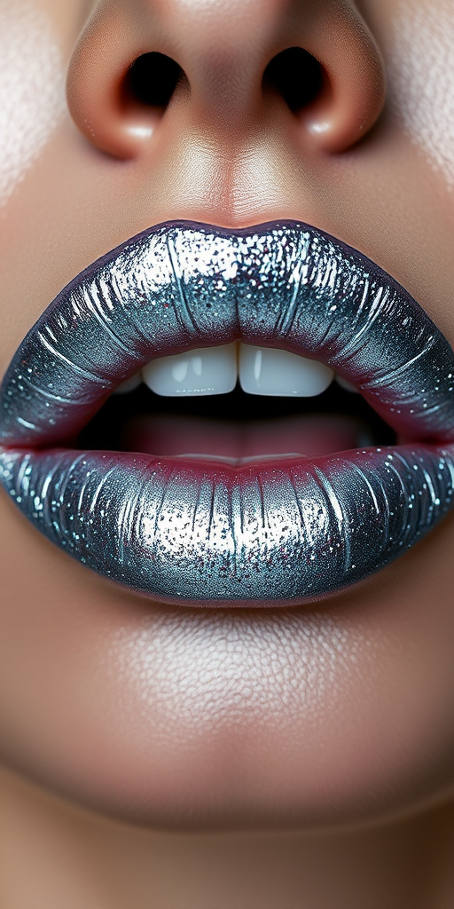 Glittery silver lips with a futuristic, space-age vibe, perfect for avant-garde fashion shoots or editorial makeup looks