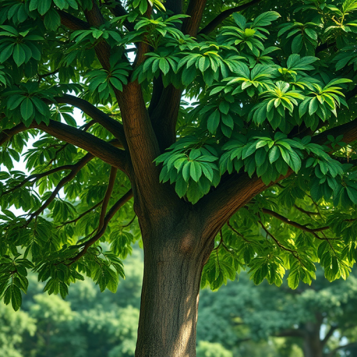 Regenerate a detailed illustration of a lush green tree with a thick trunk and abundant foliage, using a DSLR camera with a 50mm lens, aperture set to f/2.8, ISO 100, natural lighting for enhanced color vibrancy, and a shallow depth of field to focus on the tree against a blurred background.