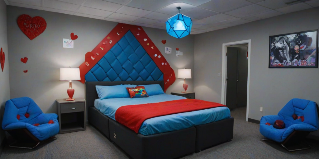 This is a photograph of a computer server room with a unique, blue hexagon-shaped civitaiLogo bed as the central focus, with blue hexagon pillows. There is a picture frame above the bed with a realistic portrait of a scary looking clown holding a red gas can. The portrait is surrounded by hearts, and there is a handwritten signature "skippy".