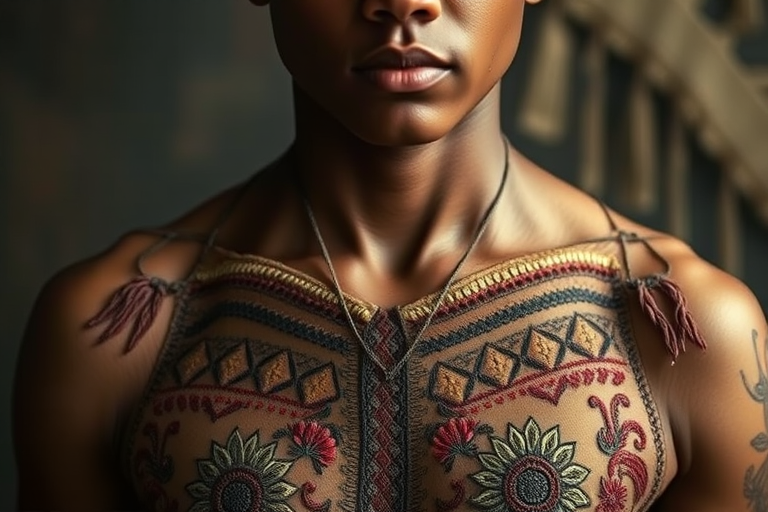 Face, shoulders, chest covered in openwork Inca embroidery. Raw, unedited image.