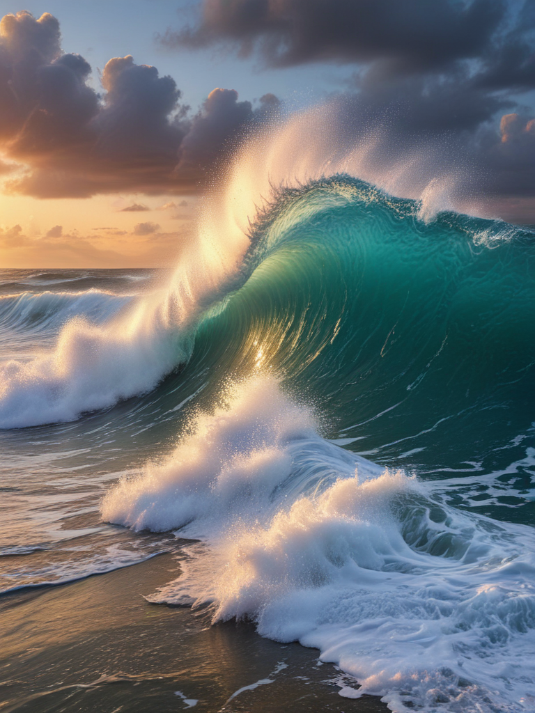 Majestic Ocean Wave Crashing Against the Shore at Sunset Glow