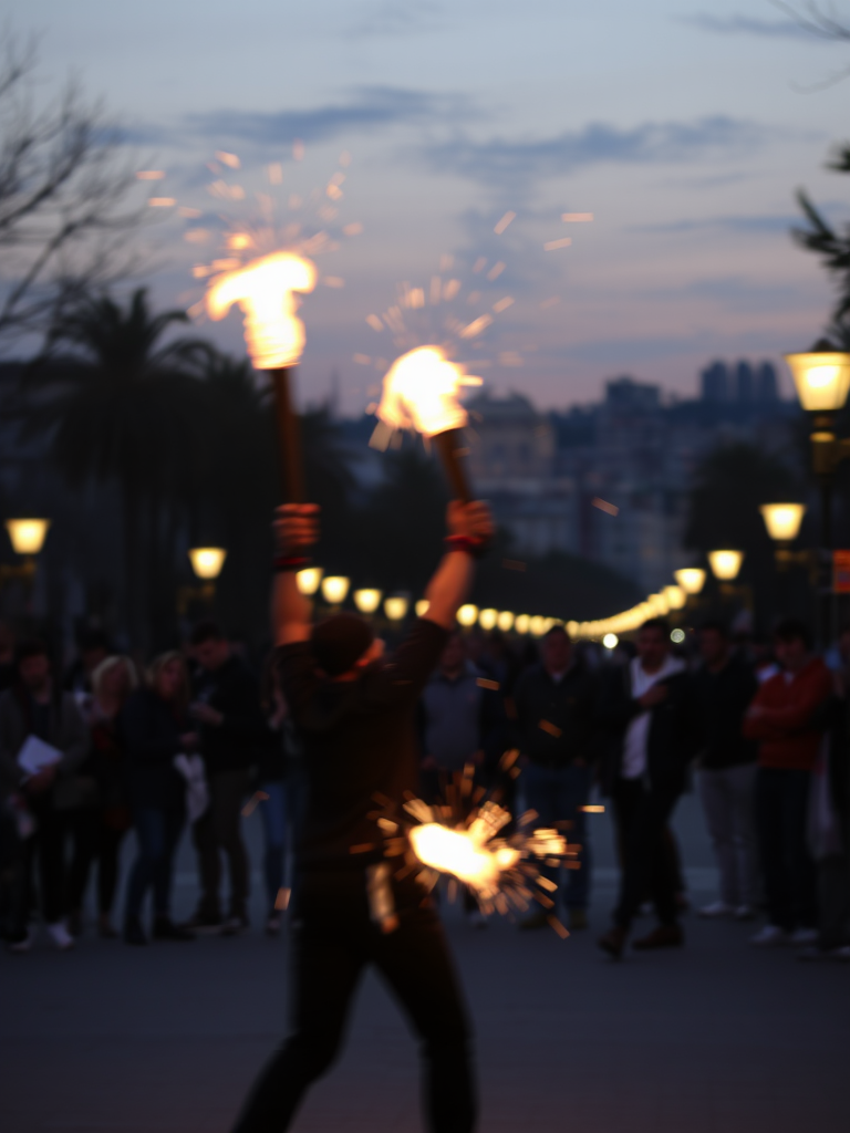 Blurry action shot of a street performer juggling flaming torches at dusk, sparks flying in the air, onlookers gathered around in awe, soft glow from nearby streetlights casting warm shadows, distant city buildings in the background.