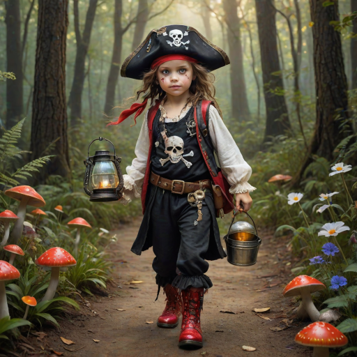 ultra detailed, photo realistic, painterly, of a little girl pirate, patch over one eye, black bandana over hair, walking and carrying an white ghost bucket and a lantern in the other hand, with bright red croc shoes, background path in the enchanted forest, wildflowers, colorful mushrooms misty hues of black and orange with bright gold glitter, ultra detailed