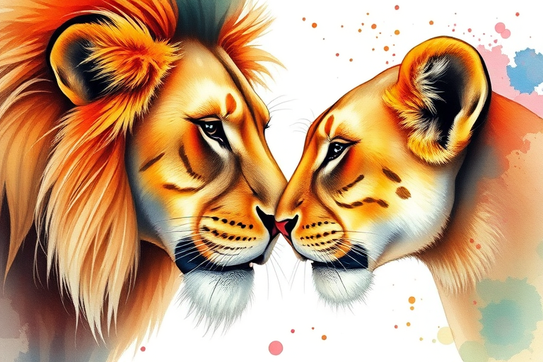 Create a vibrant watercolor illustration of a lion and lioness nuzzling each other, capturing their intimacy with bold color splashes, shot with a DSLR camera at f/2.8 aperture, ISO 100, 50mm lens, natural light.